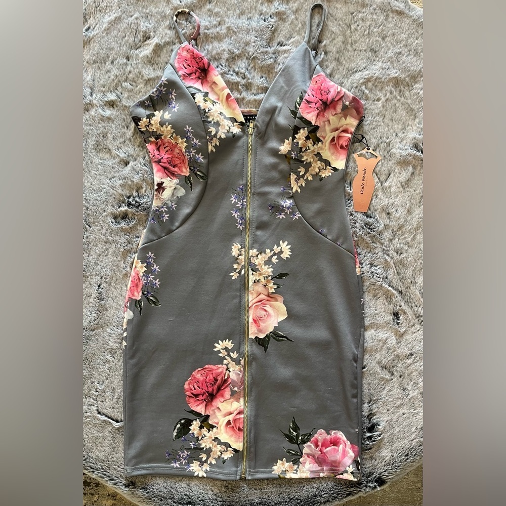 NWT Haute Monde Gray & Pink Floral full zip up mini dress, Bodycon Large 8-10 - Picture 7 of 15